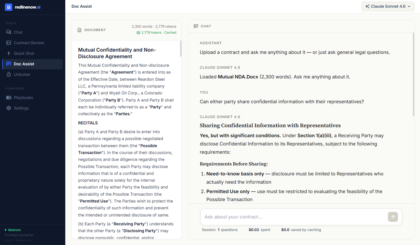 RedlineNow Doc Assist conversation showing a contract loaded with AI responses