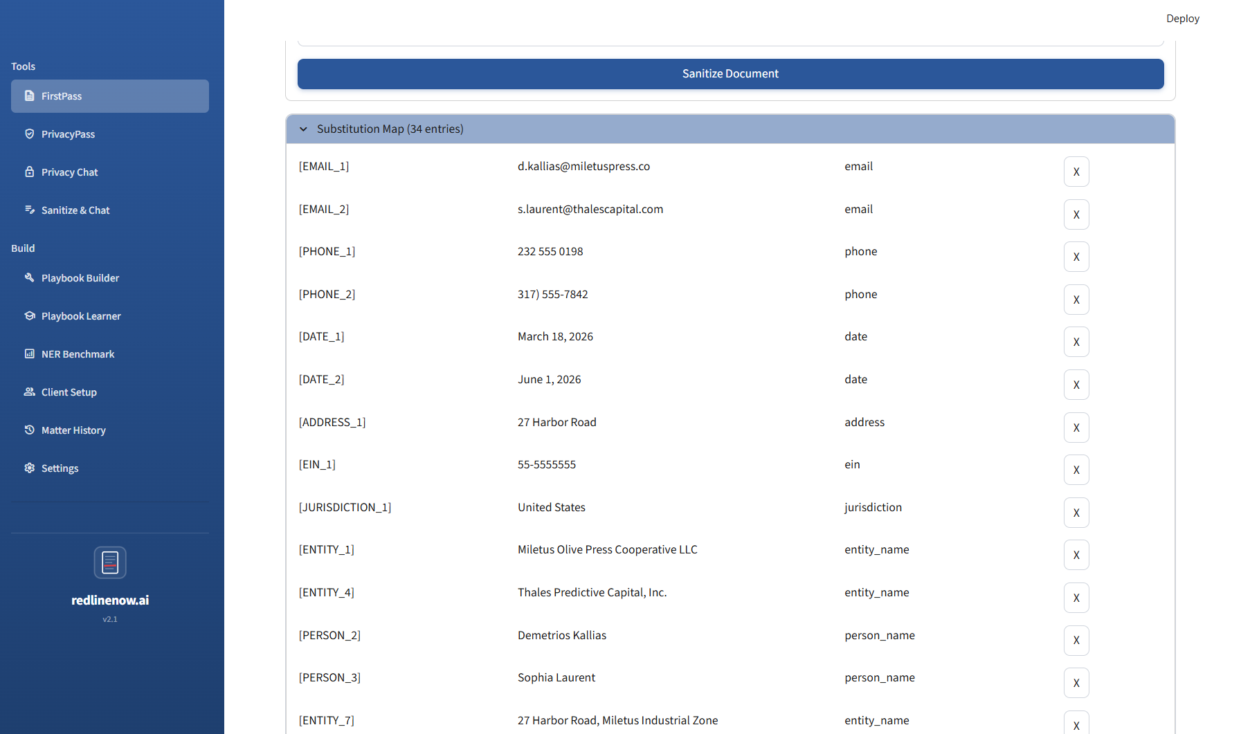 Substitution map showing client-identifying entities replaced with anonymous tokens before any frontier AI model sees the document